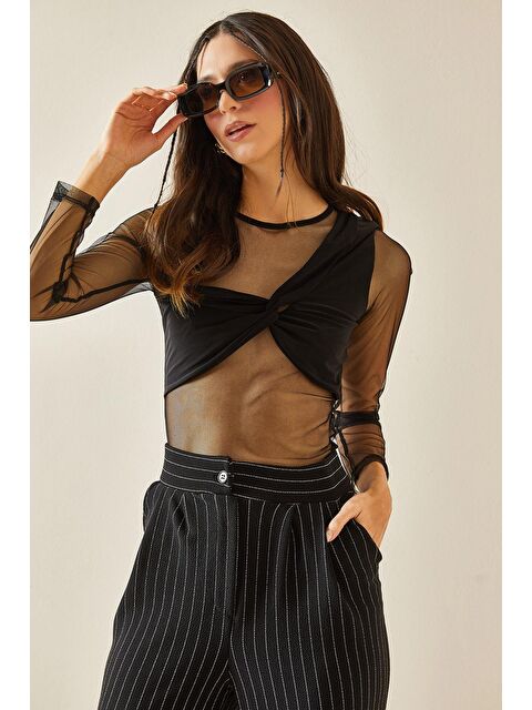 Xhan Siyah Bisiklet Yaka Düğümlü Transparan Bluz 5YXK2-48368-02 - S000173120-19351