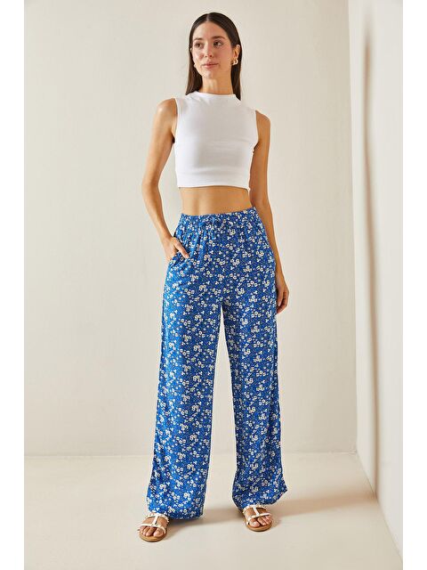 Xhan Mavi Çiçek Desenli Bol Paça Beli Lastikli Cepli Pantolon 5YXK5-48869-12 - S000241826-17234