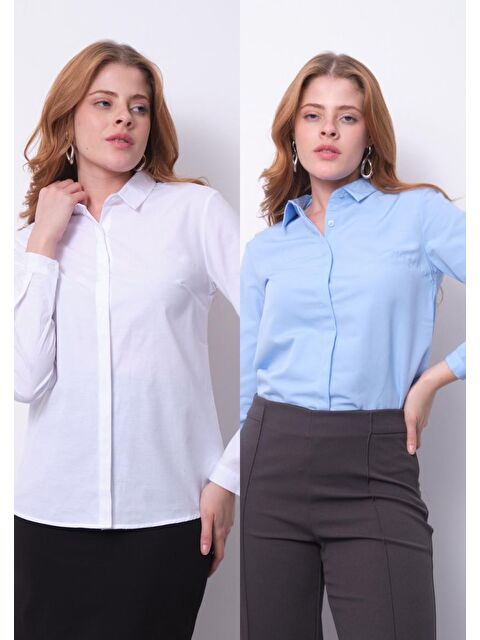 Pera Moda 2'li Klasik Basic Kesim Gizli Düğmeli Personel Ofis Kadın Gömleği - S000318107-28