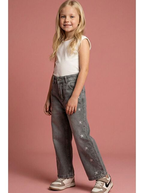 Monila Kız Çocuk Gri Yıldız Nakışlı Jean Pantolon - S000514726-20600