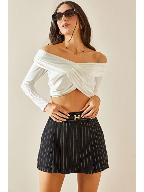 Xhan Beyaz Kayık Yaka Büzgü Detaylı Crop Bluz 5YXK2-48367-01 - S000173121-20063
