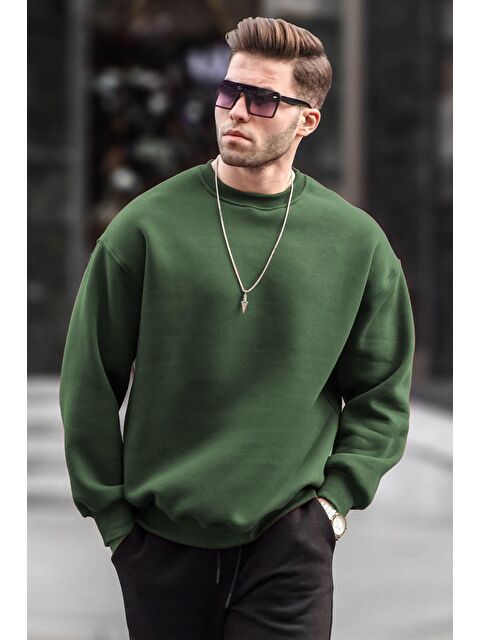 Madmext Haki Bisiklet Yaka Oversize Şardonlu Basic Erkek Sweatshirt 6048 - S000061227-18547