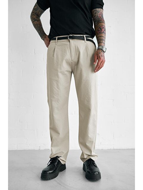 Abluka Online Erkek Dokulu İnce Kumaş Regular Fit Pantolon Bej - S000388759-19928