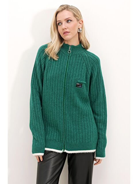 Bigdart 15863 Fermuarlı Triko Hırka - Zümrüt Yeşili - S000141610-18709