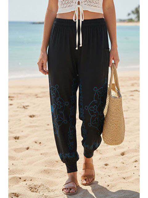 Chiccy Siyah-Mavi Baskılı Cepli Lastikli Bel Lastikli Paça Casual Örme Şalvar Pantolon 95 60 - S000508129-37438