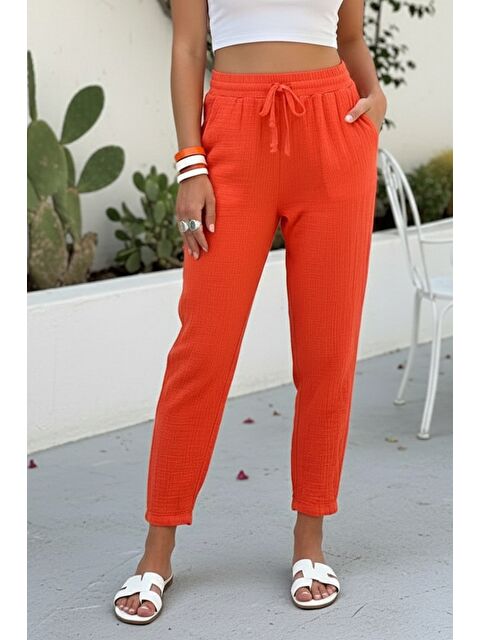 Chiccy Organik Pamuk Turuncu Cepli Lastikli Ve Bağlamalı Bel Şalvar Casual Müslin Dokuma Pantolon 100 65 - S000416097-20013