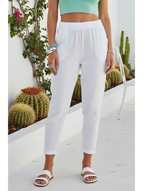 Chiccy Organik Pamuk Beyaz Cepli Lastikli Ve Bağlamalı Bel Şalvar Casual Müslin Dokuma Pantolon 100 65 - S000416097-20063