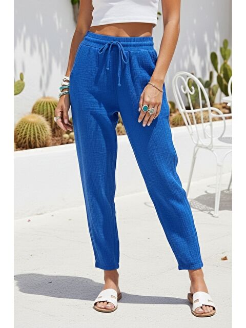 Chiccy Organik Pamuk Mavi Cepli Lastikli Ve Bağlamalı Bel Şalvar Casual Müslin Dokuma Pantolon 100 65 - S000416097-17234