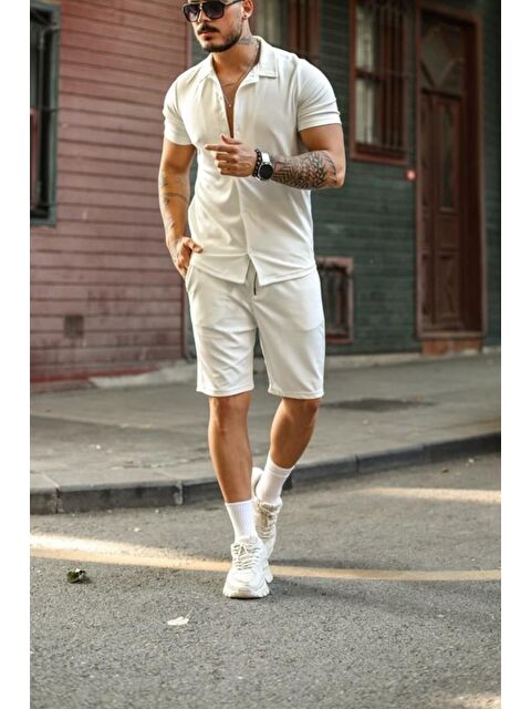 Tarz Cool Erkek Beyaz Slim Fit Alt Üst Şort Takım gmlksrt01r01s - S000389319-20063