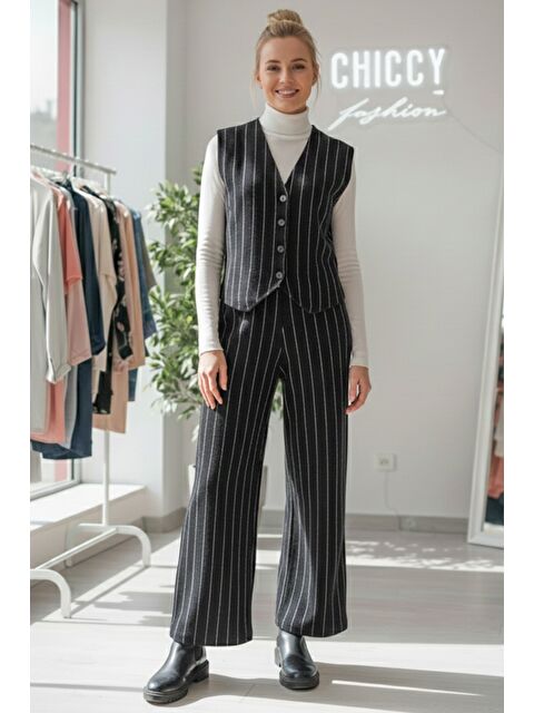 Chiccy Siyah V Yaka Kolsuz Çizgili Lastikli Bel Casual Oversize Triko Yelek Pantolon Takım 55-110 55-55 - S000508153-19351