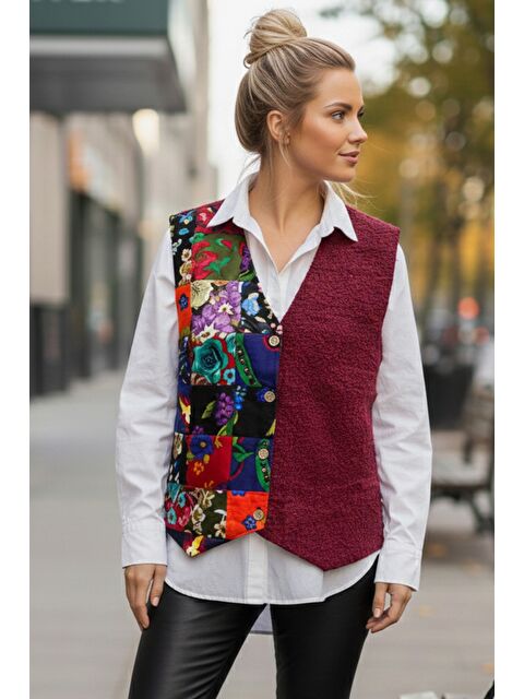 Chiccy Bordo V Yaka Kolsuz Patchwork Baskılı Düğmeli Casual Dokuma Yelek 65 58 - S000508159-19951