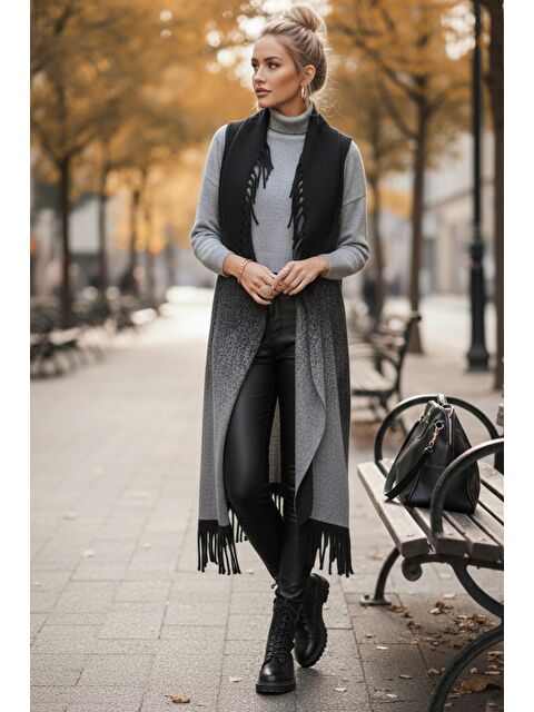 Chiccy İtalyan Gri-Siyah Şal Yaka Kolsuz Püsküllü Casual Uzun Triko Yelek 125 65 - S000508160-37287