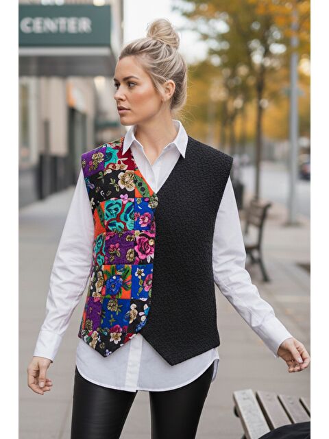 Chiccy Siyah V Yaka Kolsuz Patchwork Baskılı Düğmeli Casual Dokuma Yelek 65 58 - S000508159-19351