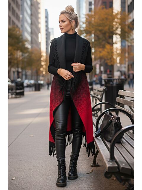 Chiccy İtalyan Siyah-Kırmızı Şal Yaka Kolsuz Püsküllü Casual Uzun Triko Yelek 125 65 - S000508160-37434