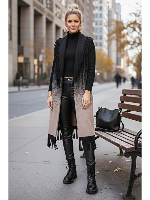 Chiccy İtalyan Siyah-Bej Şal Yaka Kolsuz Püsküllü Casual Uzun Triko Yelek 125 65 - S000508160-37423