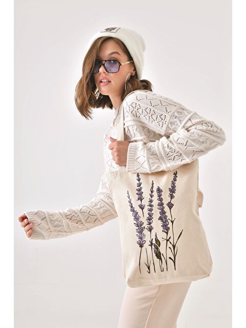 Bagg Kanvas Yeşil Dallı Mavi Çiçekler Baskılı Bez Çanta - S000152970-19966