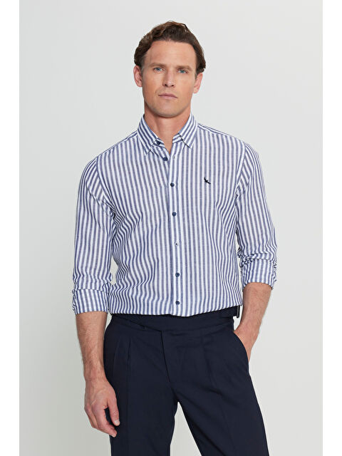 Altınyıldız Classics Erkek Lacivert Keten Slim Fit Dar Kesim Gizli Düğmeli Yaka Çizgili Gömlek