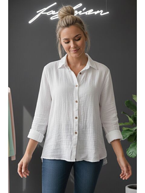 Chiccy Beyaz Gömlek Yaka Uzun Kol Düğmeli Casual Müslin Dokuma Gömlek 75 65 - S000508161-20063