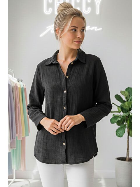 Chiccy Siyah Gömlek Yaka Uzun Kol Düğmeli Casual Müslin Dokuma Gömlek 75 65 - S000508161-19351