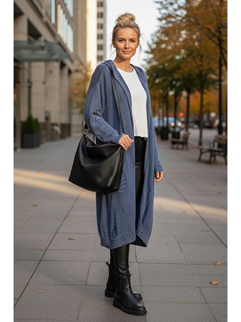 Chiccy Jean Mavisi Kapüşonlu Uzun Kol Düğmeli Yıkamalı Ve Pis Dikişli Casual Triko Hırka 110 65 - S000508122-17234