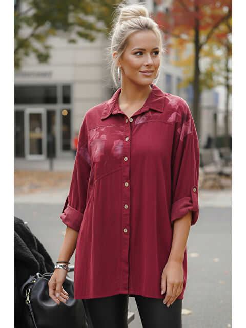 Chiccy İtalyan Bordo Uzun Kol Çiçekli Düğmeli İnce Kadife Casual Dokuma Gömlek 75-80 70 - S000508163-19951