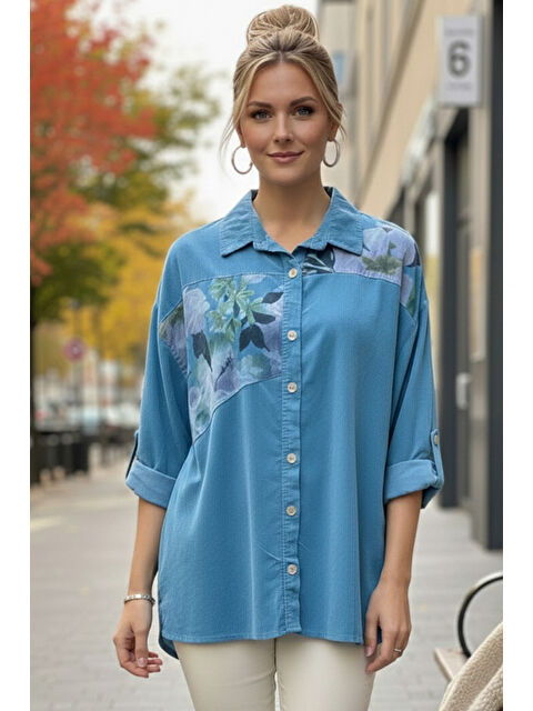 Chiccy İtalyan Açık Mavi Uzun Kol Çiçekli Düğmeli İnce Kadife Casual Dokuma Gömlek 75-80 70 - S000508163-17437