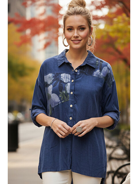 Chiccy İtalyan Jean Mavisi Uzun Kol Çiçekli Düğmeli İnce Kadife Casual Dokuma Gömlek 75-80 70 - S000508163-17234