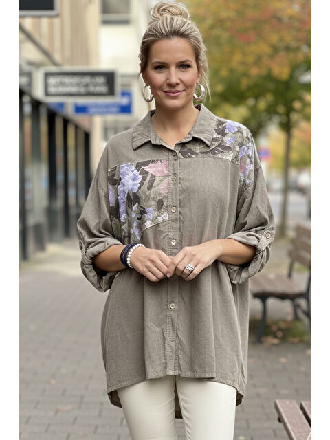 Chiccy İtalyan Vizon Uzun Kol Çiçekli Düğmeli İnce Kadife Casual Dokuma Gömlek 75-80 70 - S000508163-26429