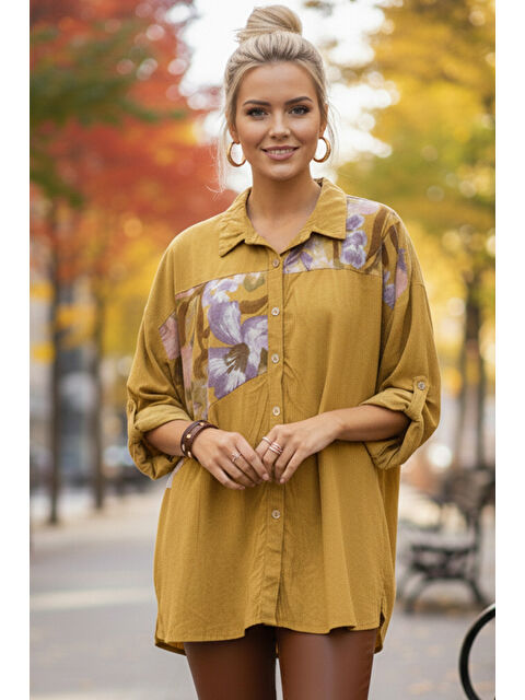 Chiccy İtalyan Hardal Rengi Uzun Kol Çiçekli Düğmeli İnce Kadife Casual Dokuma Gömlek 75-80 70 - S000508163-20074