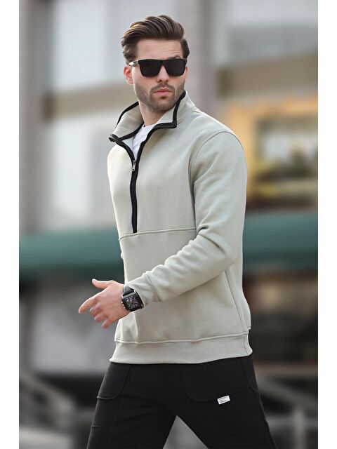 Madmext Çağla Yeşili Dik Yaka Yarım Fermuarlı Sweatshirt 7079 - S000424246-14939