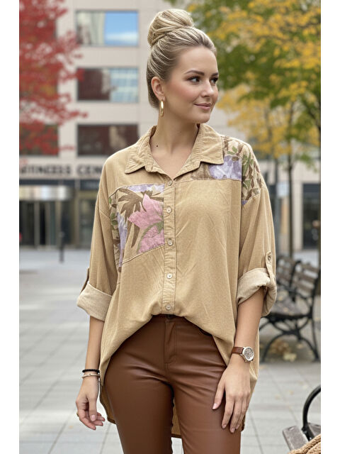 Chiccy İtalyan Bej Uzun Kol Çiçekli Düğmeli İnce Kadife Casual Dokuma Gömlek 75-80 70 - S000508163-19928