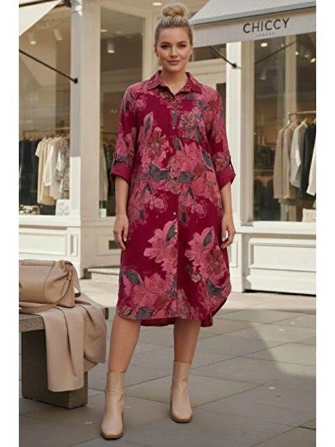 Chiccy İtalyan Bordo Gömlek Yaka Uzun Kol Çiçekli Allover Baskılı Kadife Dokuma Elbise 112 65 - S000508166-19951