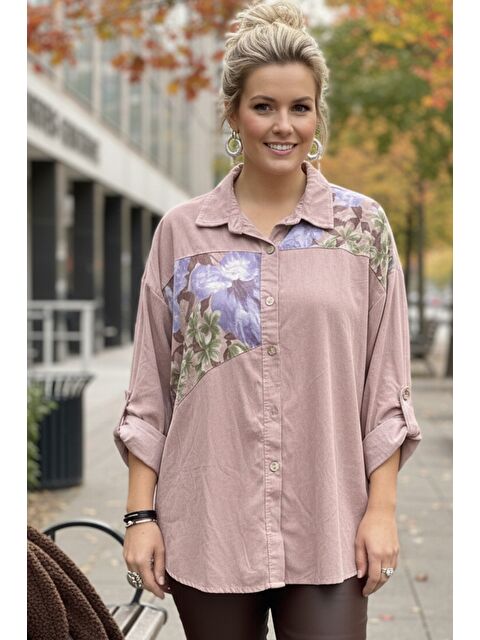 Chiccy İtalyan Büyük Beden Pastel Pembe Uzun Kol Çiçekli Düğmeli İnce Kadife Casual Dokuma Gömlek 75-80 70 - S000508165-16324