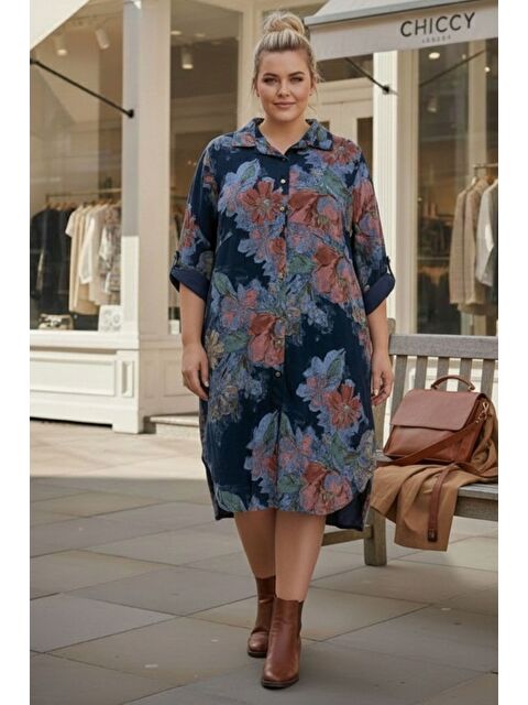 Chiccy İtalyan Büyük Beden Lacivert Gömlek Yaka Uzun Kol Allover Baskılı Kadife Dokuma Elbise 112 65 - S000508164-21164