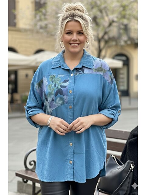 Chiccy İtalyan Büyük Beden Açık Mavi Uzun Kol Çiçekli Düğmeli İnce Kadife Casual Dokuma Gömlek 75-80 70 - S000508165-17437