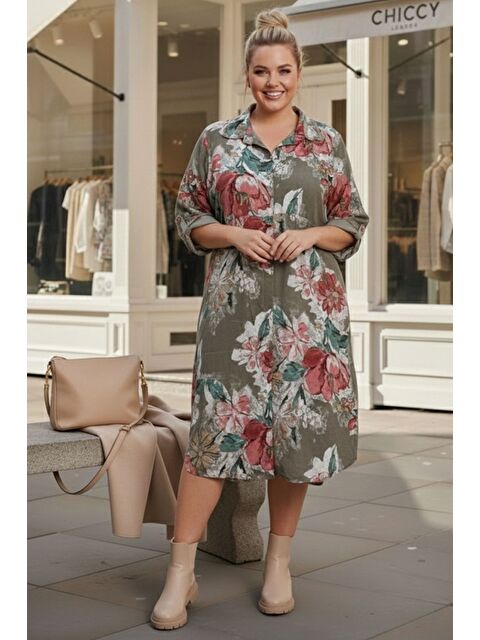 Chiccy İtalyan Büyük Beden Bej Gömlek Yaka Uzun Kol Allover Baskılı Kadife Dokuma Elbise 112 65 - S000508164-19928