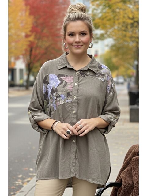 Chiccy İtalyan Büyük Beden Vizon Uzun Kol Çiçekli Düğmeli İnce Kadife Casual Dokuma Gömlek 75-80 70 - S000508165-26429