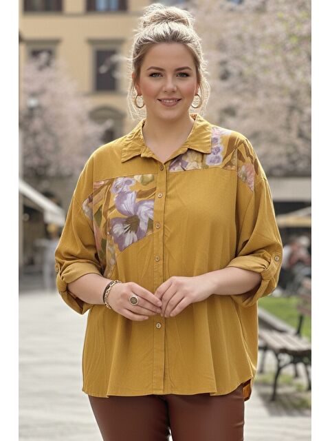 Chiccy İtalyan Büyük Beden Hardal Rengi Uzun Kol Çiçekli Düğmeli İnce Kadife Casual Dokuma Gömlek 75-80 70 - S000508165-20074