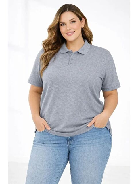 Jane's Pike Kumaş Düğmeli Yaka Battal Büyük Beden Günlük Kısa Kol Tişört T-shirt - Gri