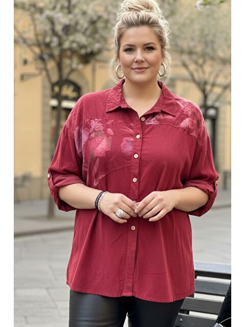Chiccy İtalyan Büyük Beden Bordo Uzun Kol Çiçekli Düğmeli İnce Kadife Casual Dokuma Gömlek 75-80 70 - S000508165-19951