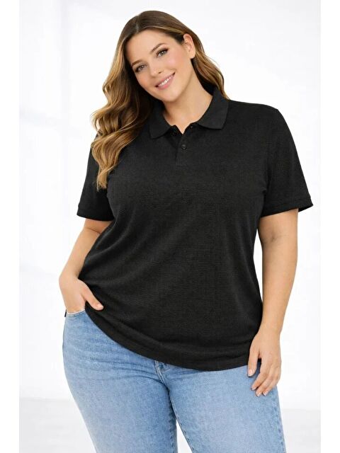 Jane's Pike Kumaş Düğmeli Yaka Battal Büyük Beden Günlük Kısa Kol Tişört T-shirt - Siyah