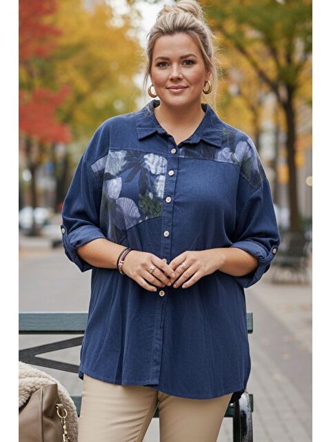 Chiccy İtalyan Büyük Beden Jean Mavisi Uzun Kol Çiçekli Düğmeli İnce Kadife Casual Dokuma Gömlek 75-80 70 - S000508165-17234