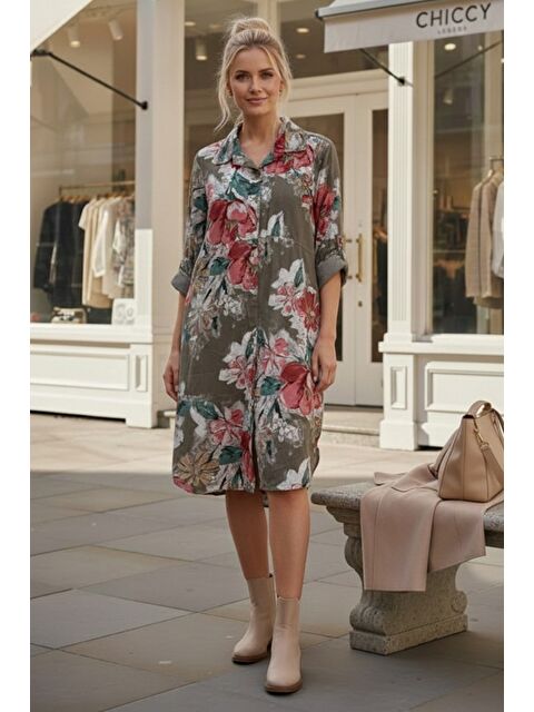 Chiccy İtalyan Bej Gömlek Yaka Uzun Kol Çiçekli Allover Baskılı Kadife Dokuma Elbise 112 65 - S000508166-19928