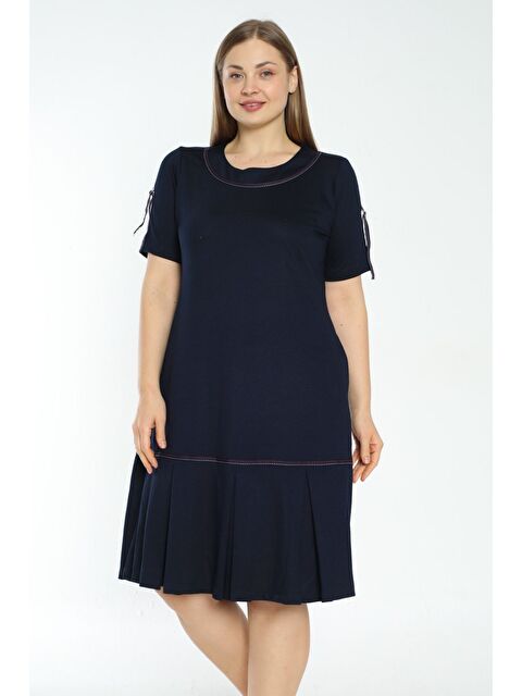 Intensive Kadın lacivert viskon şerit detaylı cepli büyük beden elbise - S000421631-21164