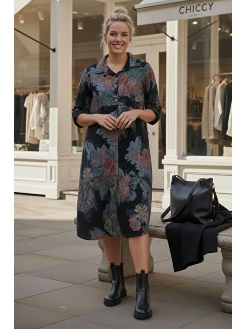 Chiccy İtalyan Siyah Gömlek Yaka Uzun Kol Çiçekli Allover Baskılı Kadife Dokuma Elbise 112 65 - S000508166-19351
