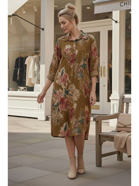 Chiccy İtalyan Hardal Gömlek Yaka Uzun Kol Çiçekli Allover Baskılı Kadife Dokuma Elbise 112 65 - S000508166-20074