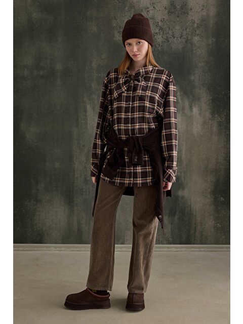 HE-QA Fular Yaka Ekose Gömlek Acı Kahve - S000508169-28102