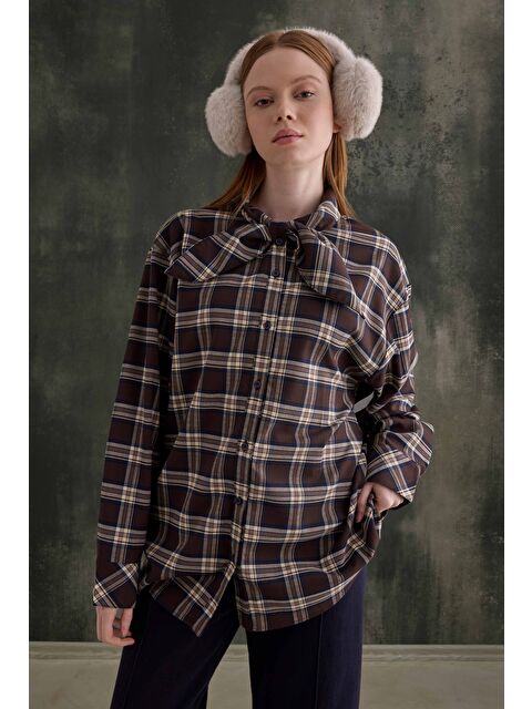 HE-QA Fular Yaka Ekose Gömlek Kahve - S000508169-19413