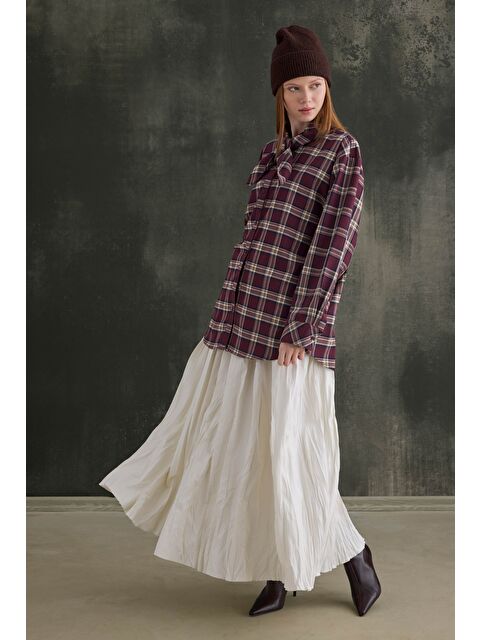 HE-QA Fular Yaka Ekose Gömlek Bordo - S000508169-19951