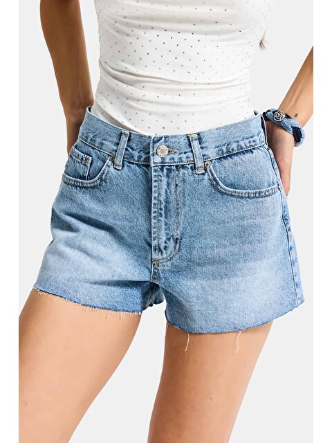 It's Basic Kadın Mavi 4s6-4 Mini Mom %100 Pamuk Denim Şort